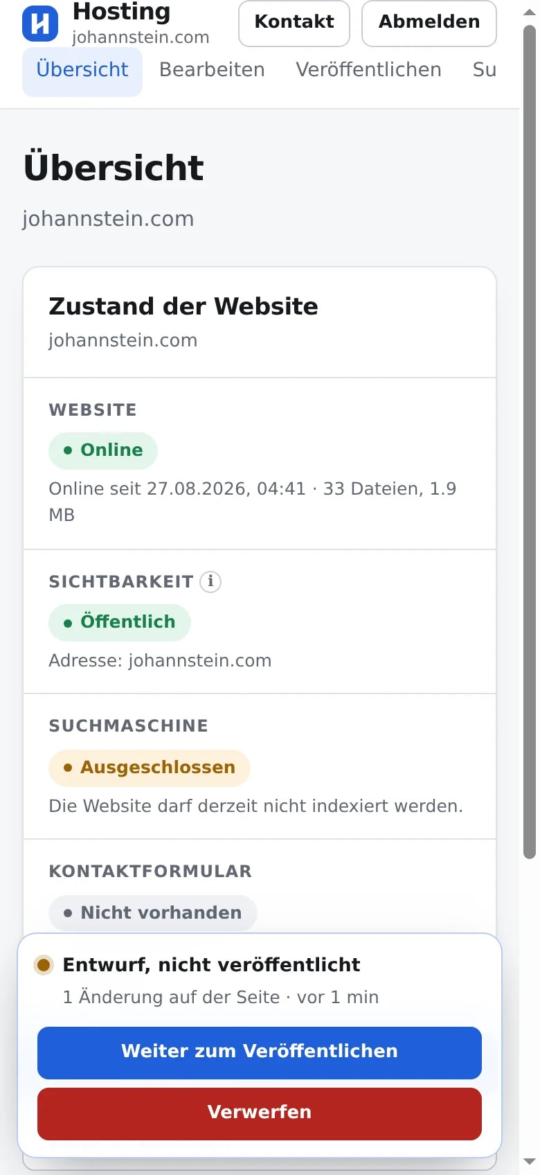 Das Hosting-Dashboard auf einem Handybildschirm