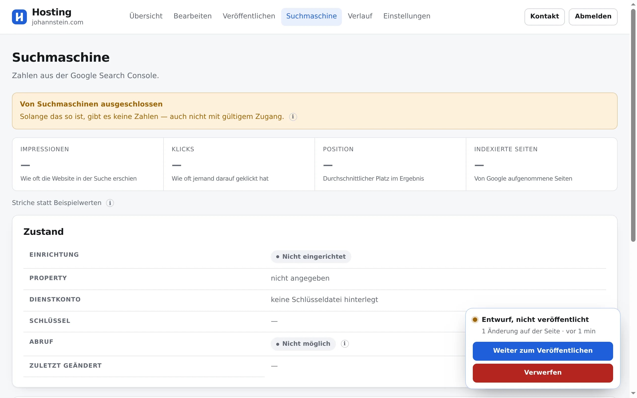 Die Suchmaschinenseite des Dashboards mit Suchbegriffen, Klicks und Positionen