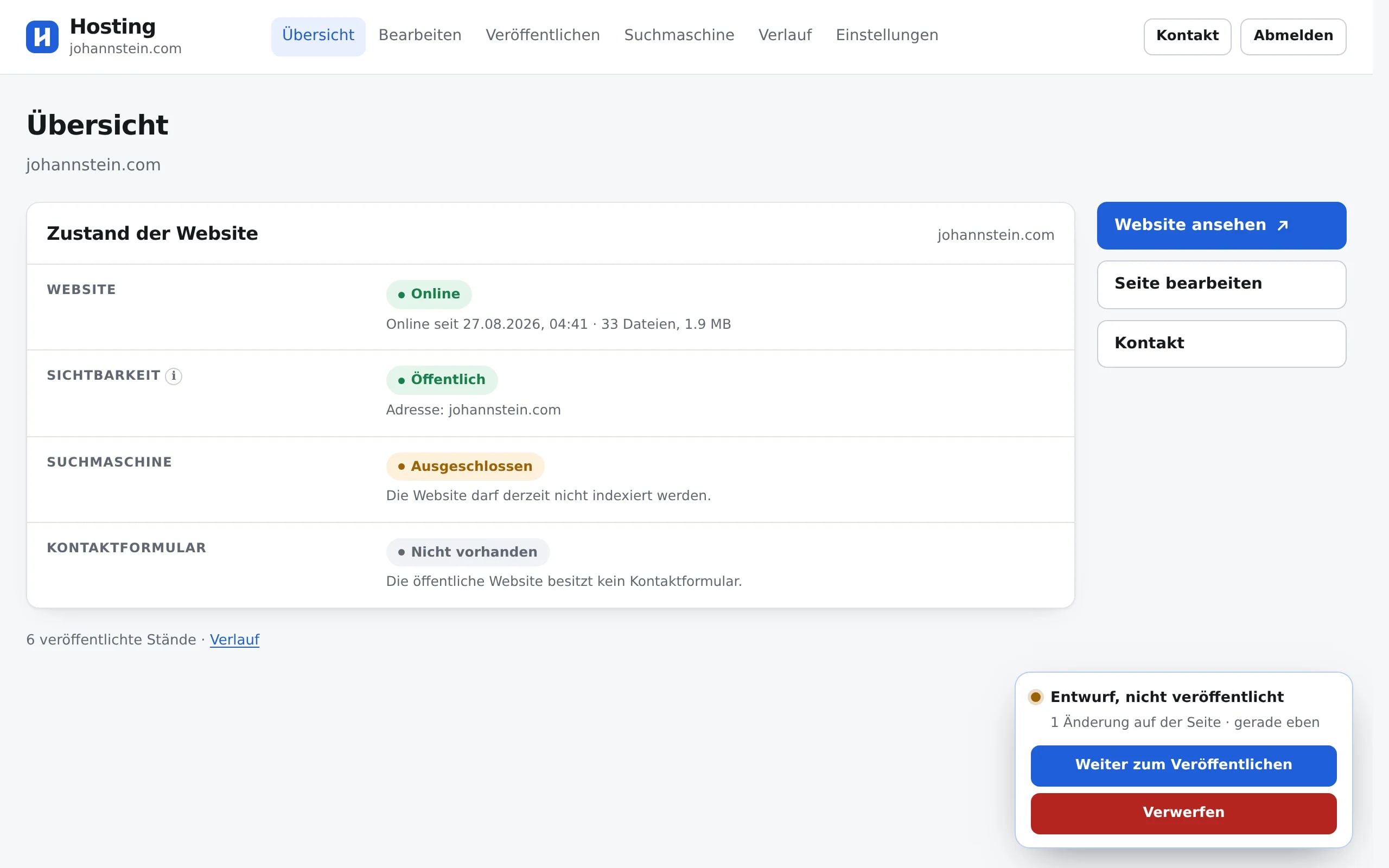 Übersichtsseite des Hosting-Dashboards mit Zustand, Erreichbarkeit und offenem Entwurf