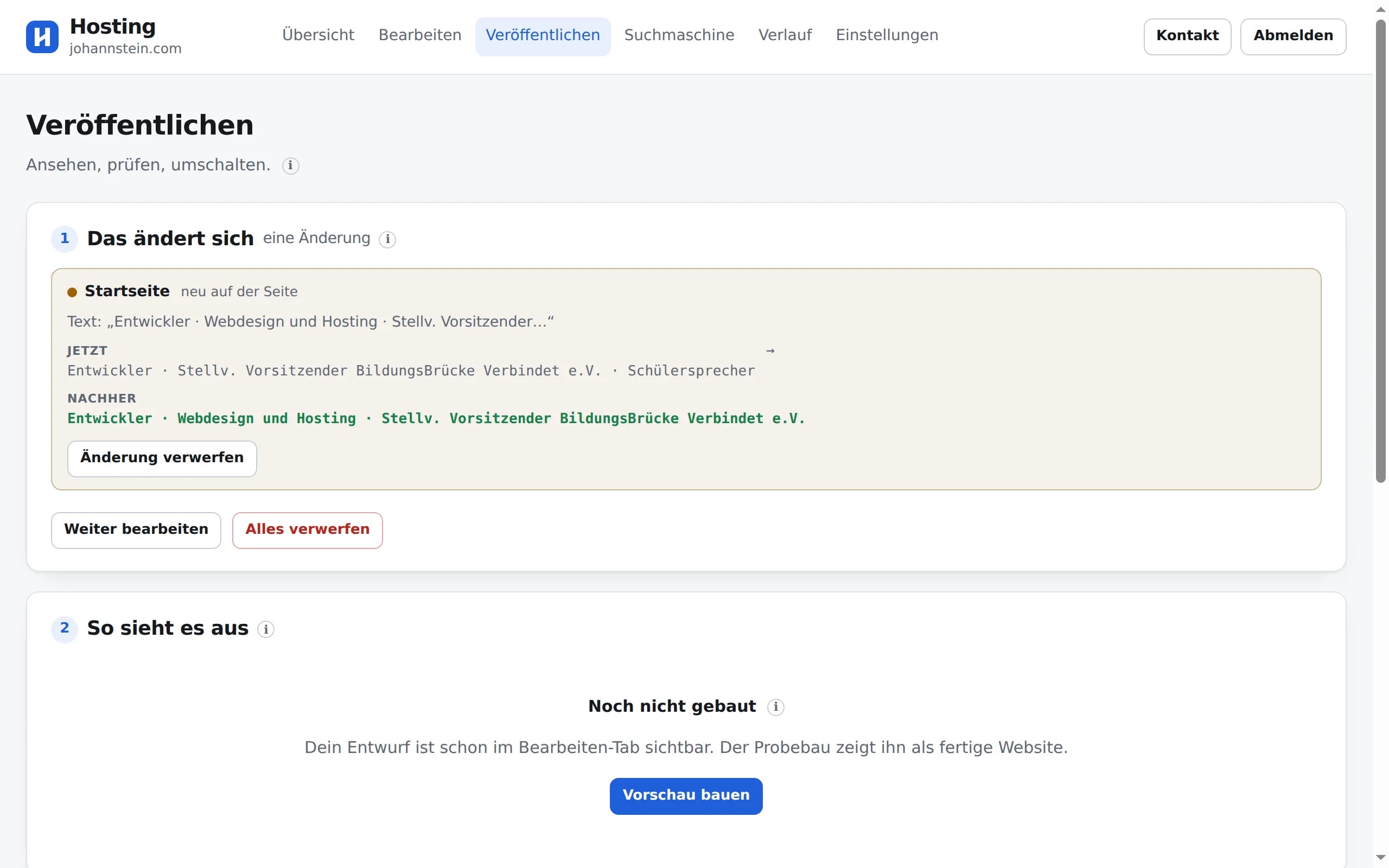Vergleichsansicht vor dem Veröffentlichen mit altem und neuem Text